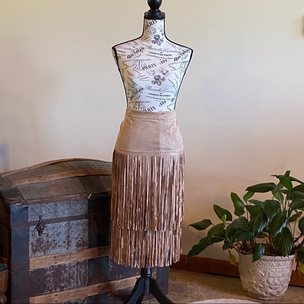 Faux Suede Fringe Long Skirt